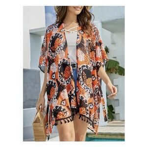As Rose Rich Orange‎ Tropical Monstera Tassel Kimono Cover Up XL 16/18 New